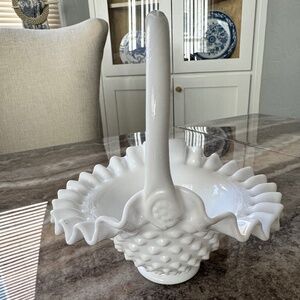 Vintage White Milk Glass Hobnail Footed Basket Candy Dish/Bowl With Scallop Rim